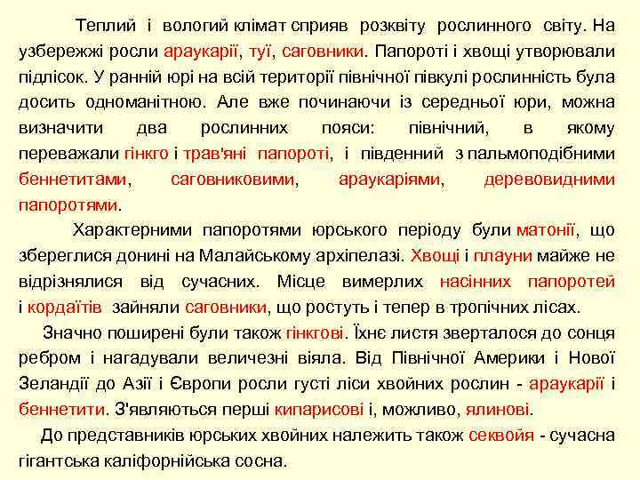  Теплий і вологий клімат сприяв розквіту рослинного світу. На узбережжі росли араукарії, туї,
