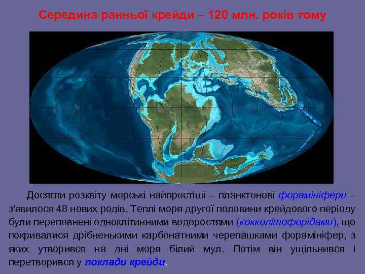Середина ранньої крейди – 120 млн. років тому Досягли розквіту морські найпростіші – планктонові