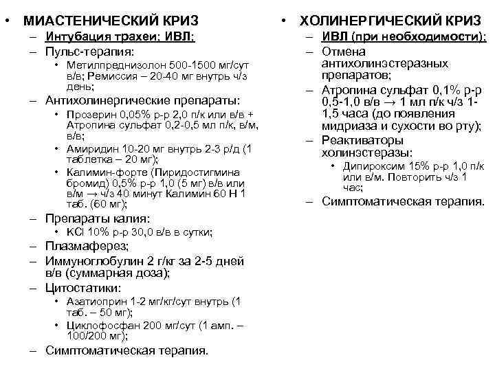  • МИАСТЕНИЧЕСКИЙ КРИЗ – Интубация трахеи; ИВЛ; – Пульс-терапия: • Метилпреднизолон 500 -1500