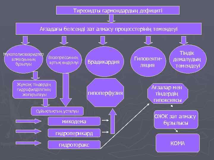 Тиреоидты гармондардың дефициті Ағзадағы белсенді зат алмасу процесстерінің төмендеуі Мукополисахаридтер алмасуының бұзылуы Вазопрессиннің артық