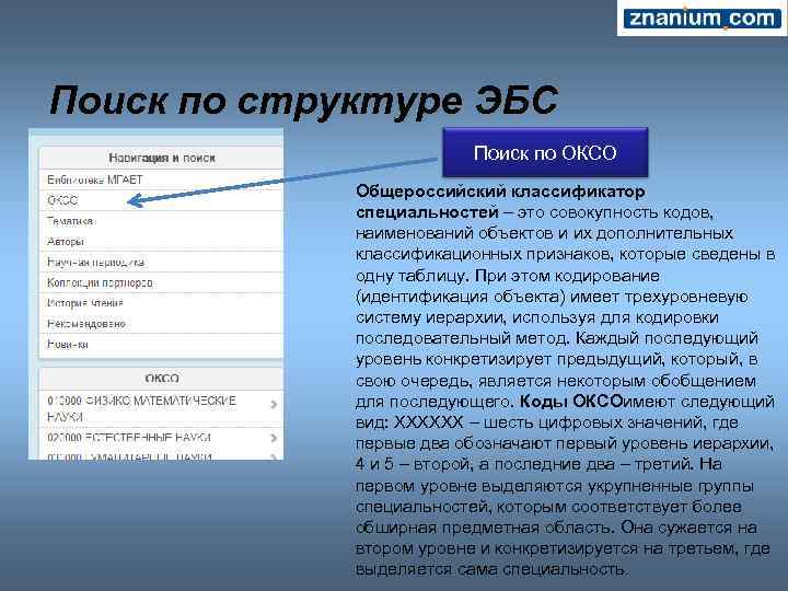 Поиск по структуре ЭБС Поиск по ОКСО Общероссийский классификатор специальностей – это совокупность кодов,