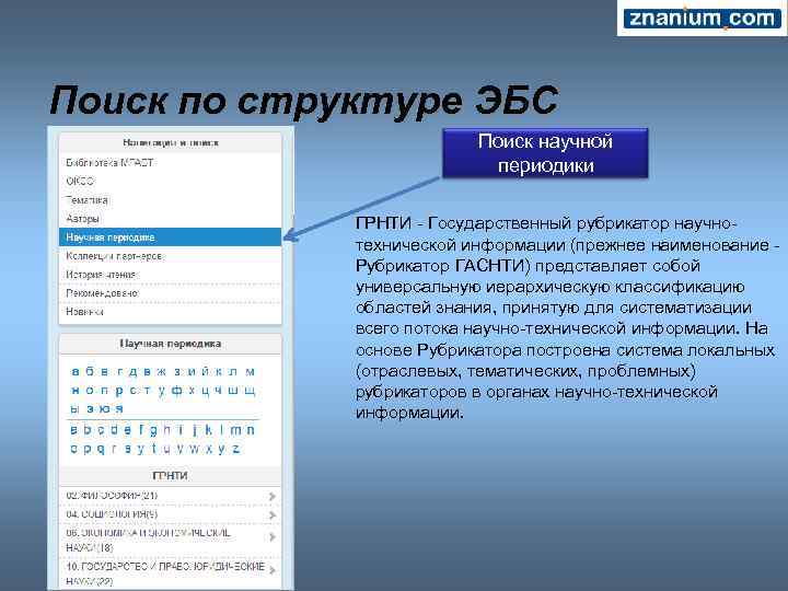 Поиск по структуре ЭБС Поиск научной периодики ГРНТИ - Государственный рубрикатор научнотехнической информации (прежнее