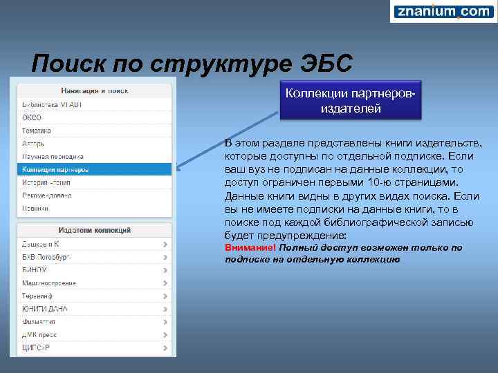 Поиск по структуре ЭБС Коллекции партнеровиздателей В этом разделе представлены книги издательств, которые доступны