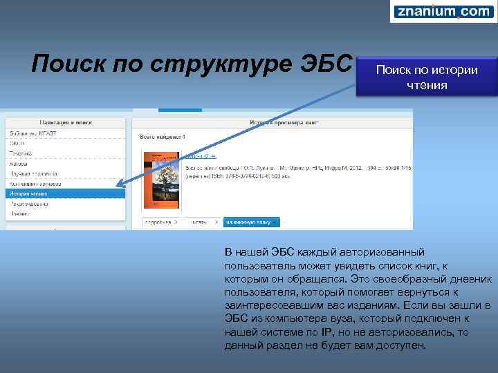 Поиск по структуре ЭБС Поиск по истории чтения В нашей ЭБС каждый авторизованный пользователь