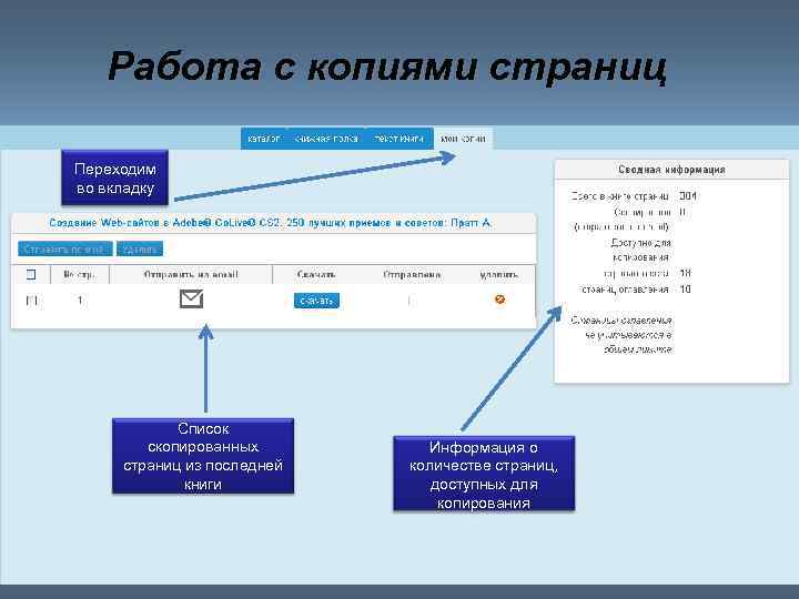 Работа с копиями страниц Переходим во вкладку Список скопированных страниц из последней книги Информация
