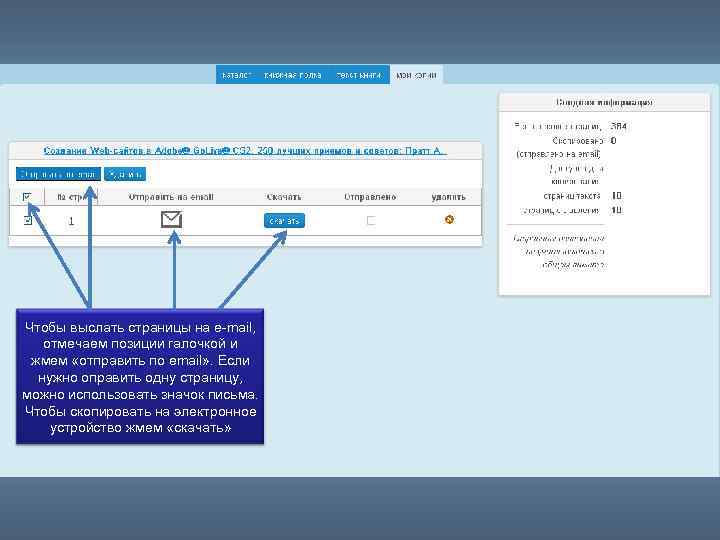 Чтобы выслать страницы на e-mail, отмечаем позиции галочкой и жмем «отправить по email» .