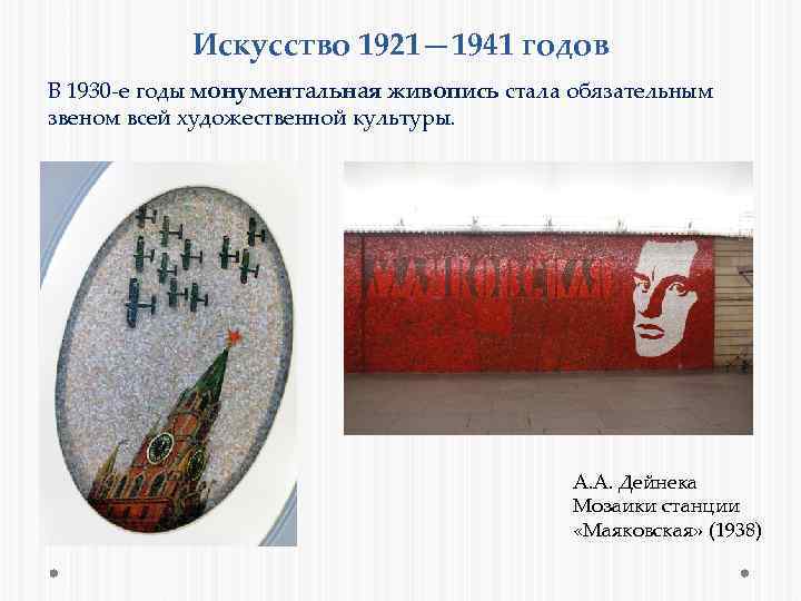 Искусство 1921— 1941 годов В 1930 -е годы монументальная живопись стала обязательным звеном всей