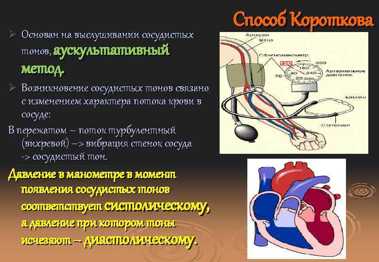 Ø Основан на выслушивании сосудистых тонов, аускультативный метод. Ø Возникновение сосудистых тонов связано с