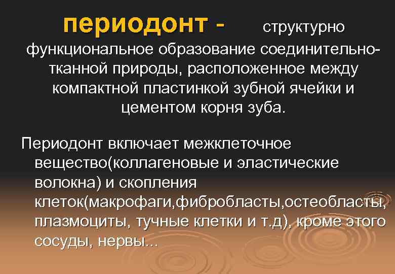 периодонт - структурно функциональное образование соединительнотканной природы, расположенное между компактной пластинкой зубной ячейки и
