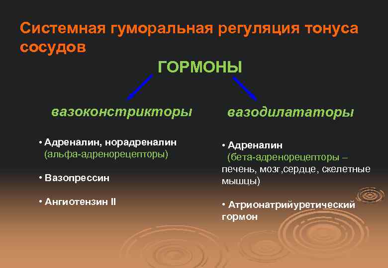 Системная гуморальная регуляция тонуса сосудов ГОРМОНЫ вазоконстрикторы • Адреналин, норадреналин (альфа-адренорецепторы) • Вазопрессин •