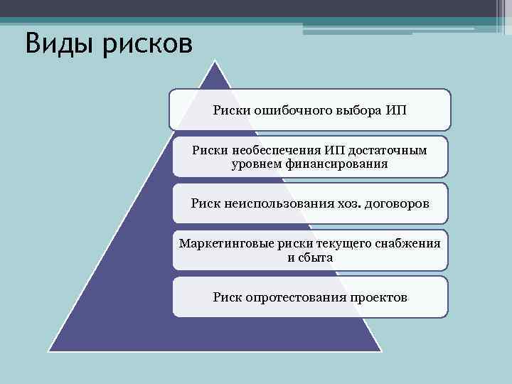 Виды рисков Риски ошибочного выбора ИП Риски необеспечения ИП достаточным уровнем финансирования Риск неиспользования