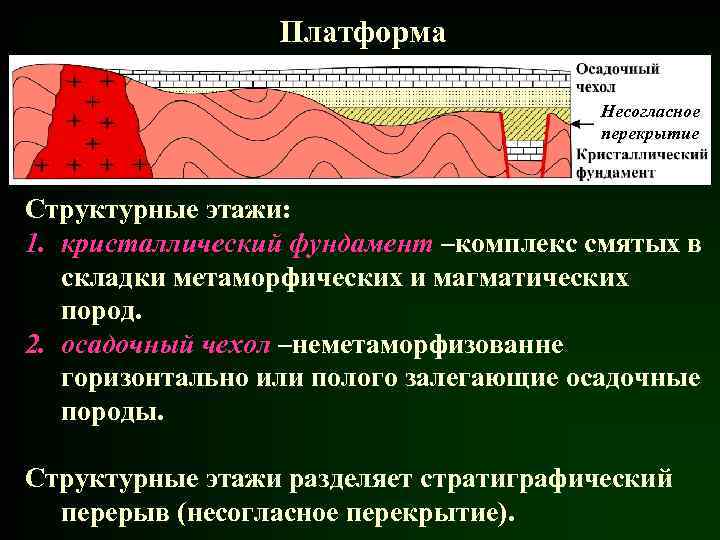 Платформа Несогласное перекрытие Структурные этажи: 1. кристаллический фундамент –комплекс смятых в складки метаморфических и