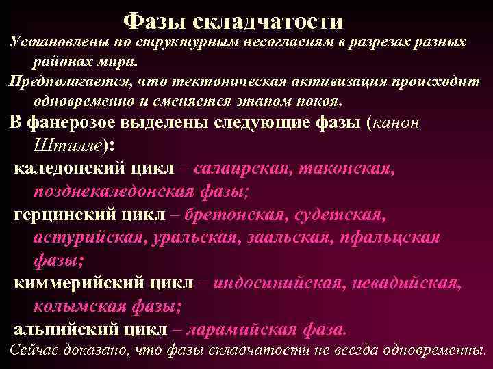 Фазы складчатости Установлены по структурным несогласиям в разрезах разных районах мира. Предполагается, что тектоническая