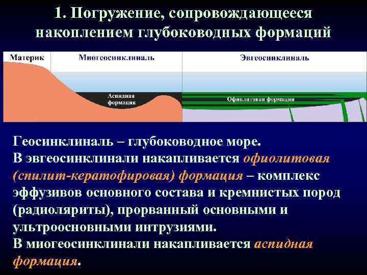 1. Погружение, сопровождающееся накоплением глубоководных формаций Геосинклиналь – глубоководное море. В эвгеосинклинали накапливается офиолитовая