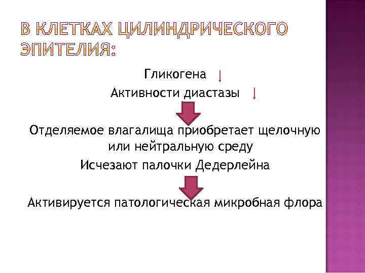 Гликогена Активности диастазы Отделяемое влагалища приобретает щелочную или нейтральную среду Исчезают палочки Дедерлейна Активируется