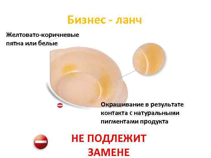 Бизнес - ланч Желтовато-коричневые пятна или белые Окрашивание в результате контакта с натуральными пигментами