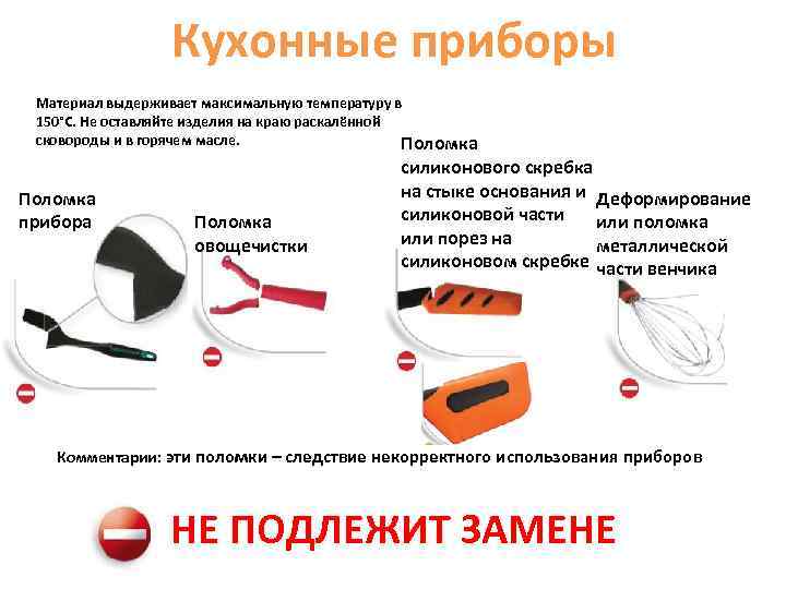 Кухонные приборы Материал выдерживает максимальную температуру в 150°C. Не оставляйте изделия на краю раскалённой
