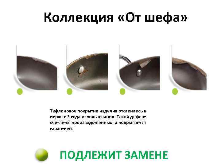 Коллекция «От шефа» Тефлоновое покрытие изделия отслоилось в первые 3 года использования. Такой дефект