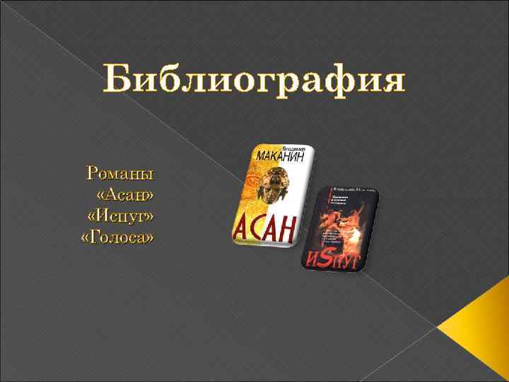 Библиография Романы «Асан» «Испуг» «Голоса» 