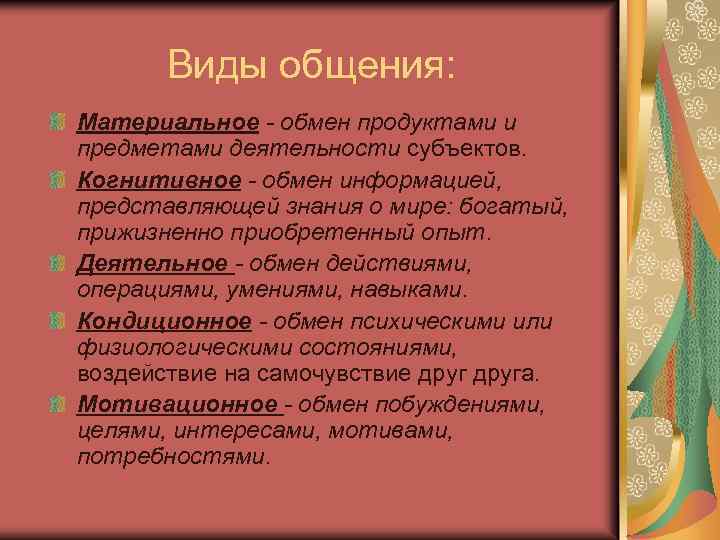 Виды общения: Материальное - обмен продуктами и предметами деятельности субъектов. Когнитивное - обмен информацией,