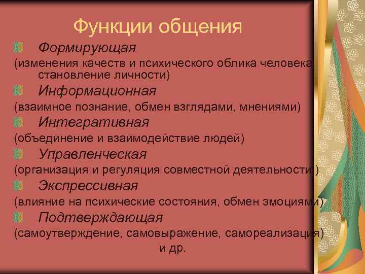 Функции общения Формирующая (изменения качеств и психического облика человека, становление личности) Информационная (взаимное познание,