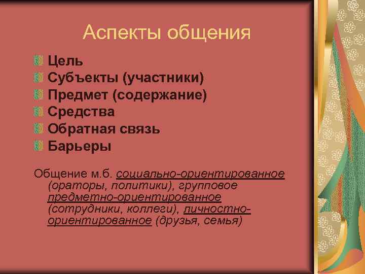 Аспекты общения Цель Субъекты (участники) Предмет (содержание) Средства Обратная связь Барьеры Общение м. б.