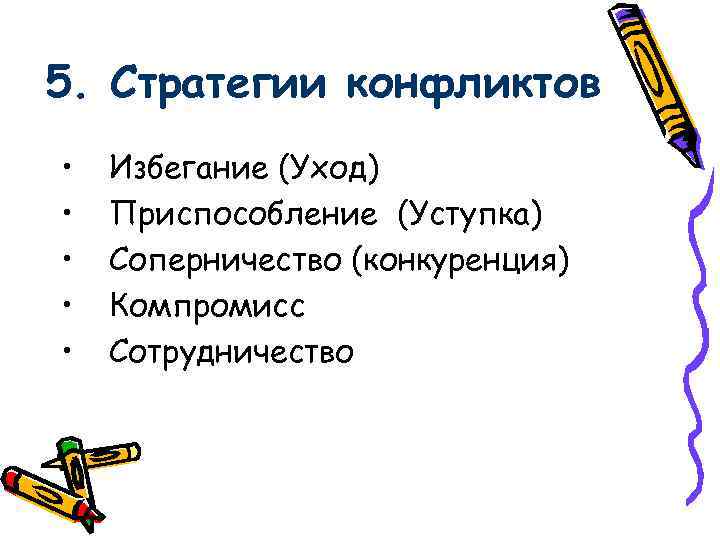 5. Стратегии конфликтов • • • Избегание (Уход) Приспособление (Уступка) Соперничество (конкуренция) Компромисс Сотрудничество