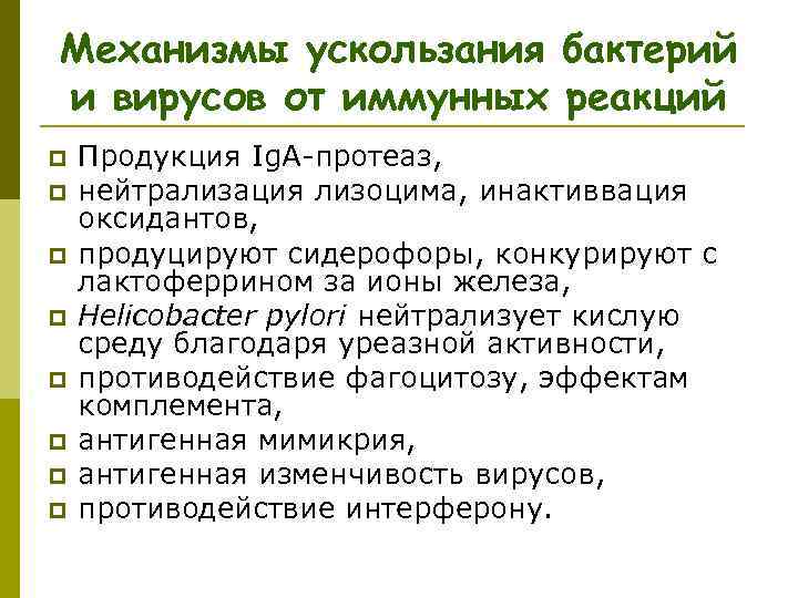 Механизмы ускользания бактерий и вирусов от иммунных реакций p p p p Продукция Ig.