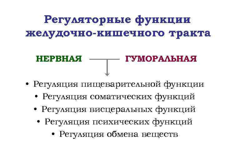 Регуляторные функции желудочно-кишечного тракта НЕРВНАЯ ГУМОРАЛЬНАЯ • Регуляция пищеварительной функции • Регуляция соматических функций