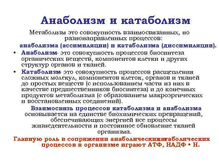 Анаболизм и катаболизм Метаболизм это совокупность взаимосвязанных, но разнонаправленных процессов: анаболизма (ассимиляции) и катаболизма