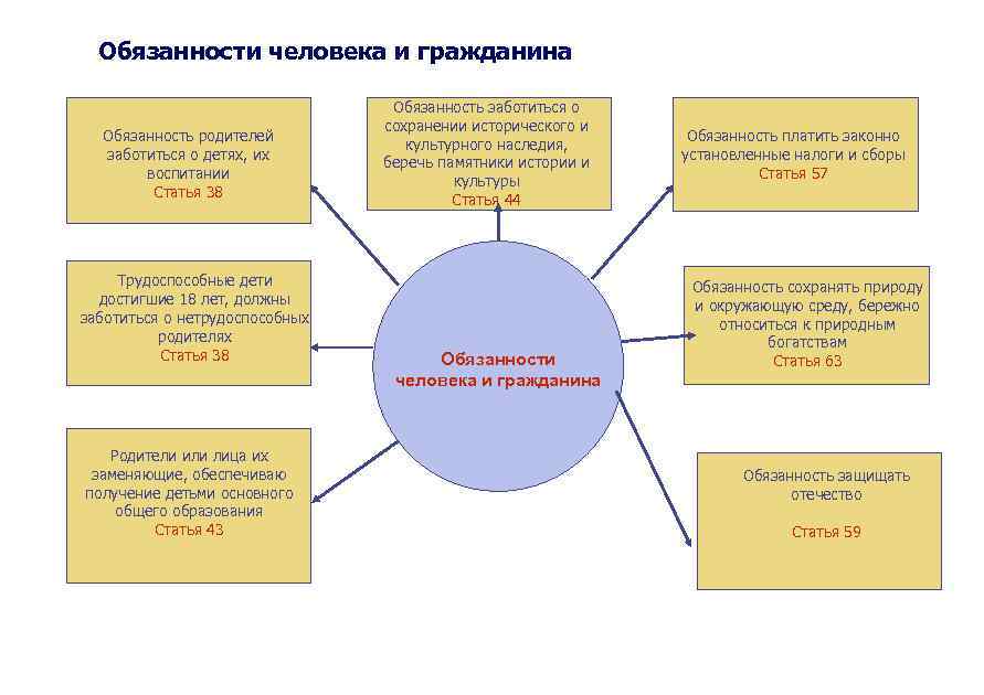 Обязанности человека и гражданина Обязанность родителей заботиться о детях, их воспитании Статья 38 Трудоспособные