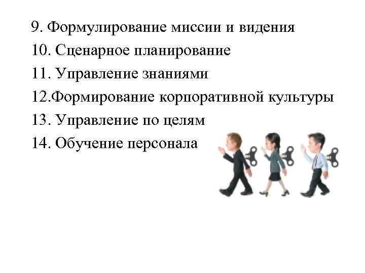 9. Формулирование миссии и видения 10. Сценарное планирование 11. Управление знаниями 12. Формирование корпоративной