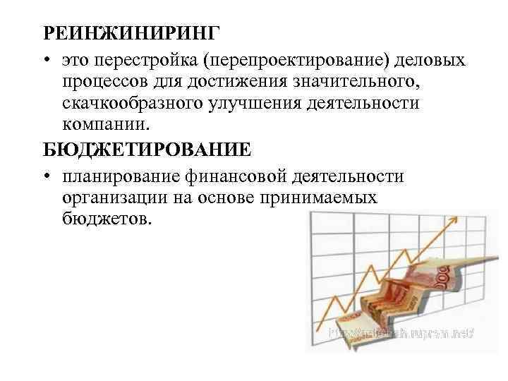 РЕИНЖИНИРИНГ • это перестройка (перепроектирование) деловых процессов для достижения значительного, скачкообразного улучшения деятельности компании.