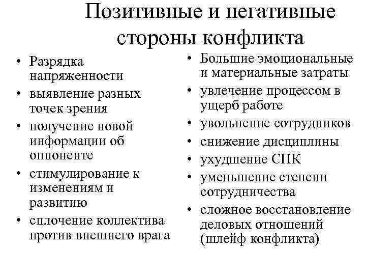 Позитивные и негативные стороны конфликта • Разрядка напряженности • выявление разных точек зрения •