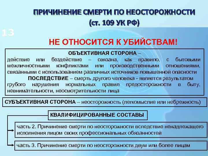 13 ПРИЧИНЕНИЕ СМЕРТИ ПО НЕОСТОРОЖНОСТИ (ст. 109 УК РФ) НЕ ОТНОСИТСЯ К УБИЙСТВАМ! ОБЪЕКТИВНАЯ