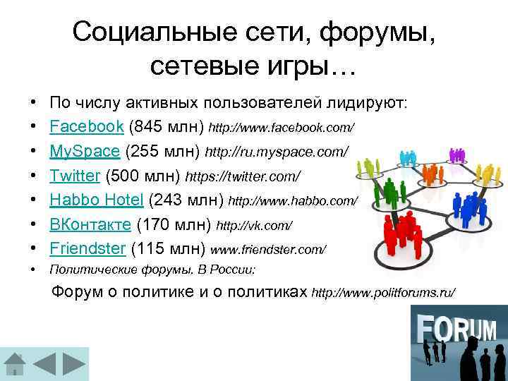 Социальные сети, форумы, сетевые игры… • • По числу активных пользователей лидируют: Facebook (845