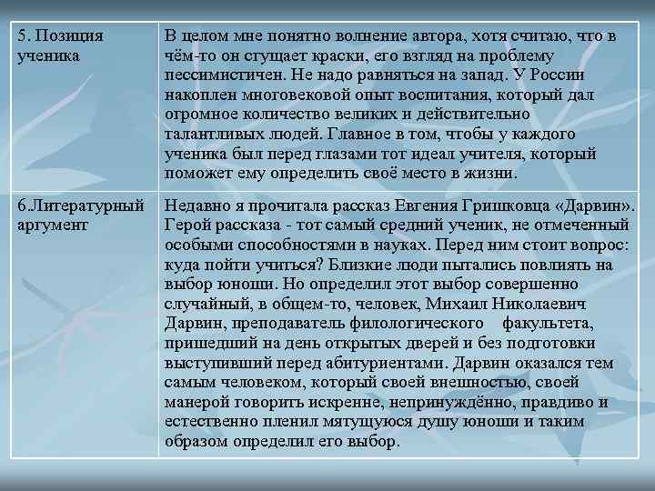 5. Позиция ученика В целом мне понятно волнение автора, хотя считаю, что в чём