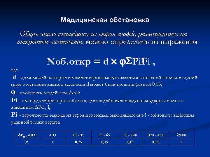 Медицинская обстановка Общее число вышедших из строя людей, размещенных на открытой местности, можно определить