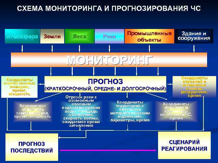 СХЕМА МОНИТОРИНГА И ПРОГНОЗИРОВАНИЯ ЧС Атмосфера Земля Леса Реки Промышленные объекты Здания и сооружения