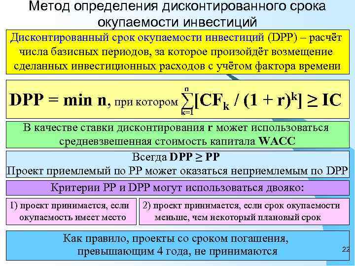 Равен срок. Метод дисконтированного периода окупаемости. Метод определения дисконтированного срока окупаемости инвестиций. Метод расчета окупаемости инвестиций. Метод расчета периода окупаемости проекта.