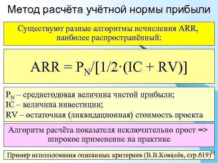 Рассчитать простую бухгалтерскую норму прибыли по проекту arr