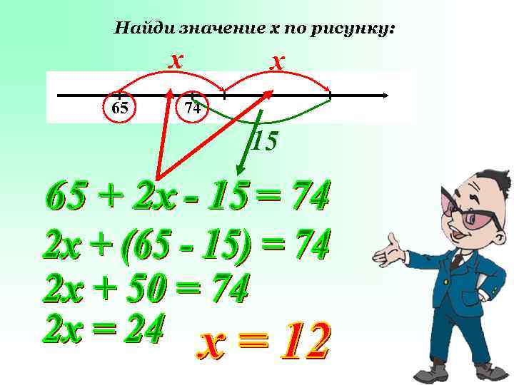 Найди значение х по рисунку: х 65 х 74 15 
