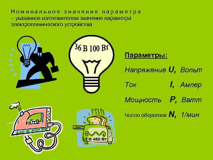 Номинальное значение параметра – указанное изготовителем значение параметра электротехнического устройства Параметры: Напряжение U, Вольт
