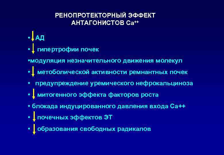 РЕНОПРОТЕКТОРНЫЙ ЭФФЕКТ АНТАГОНИСТОВ Са++ • АД • гипертрофии почек • модуляция незначительного движения молекул