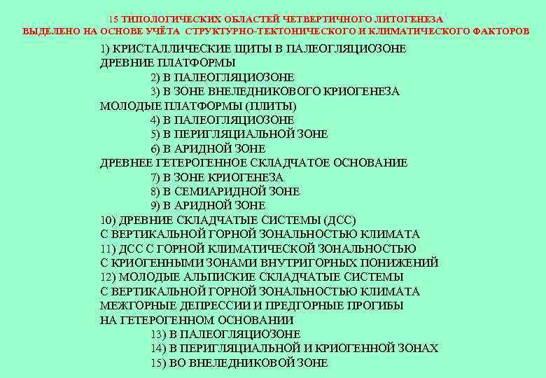 15 ТИПОЛОГИЧЕСКИХ ОБЛАСТЕЙ ЧЕТВЕРТИЧНОГО ЛИТОГЕНЕЗА ВЫДЕЛЕНО НА ОСНОВЕ УЧЁТА СТРУКТУРНО-ТЕКТОНИЧЕСКОГО И КЛИМАТИЧЕСКОГО ФАКТОРОВ 1)