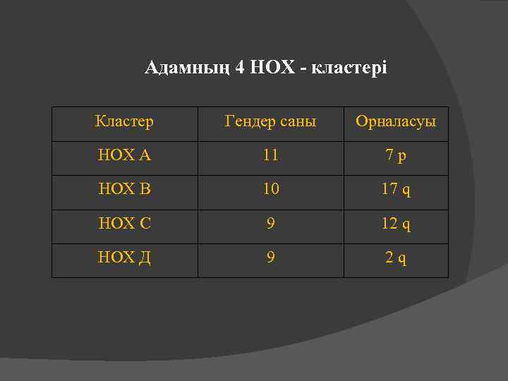 Адамның 4 НОХ - кластері Кластер Гендер саны Орналасуы НОХ А 11 7 р