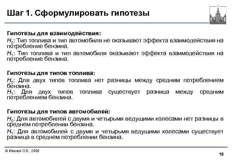 Шаг 1. Сформулировать гипотезы Гипотезы для взаимодействия: Н 0: Тип топлива и тип автомобиля