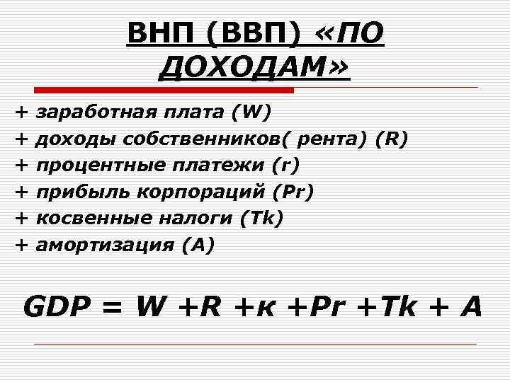 ВНП (ВВП) «ПО ДОХОДАМ» + + + заработная плата (W) доходы собственников( рента) (R)