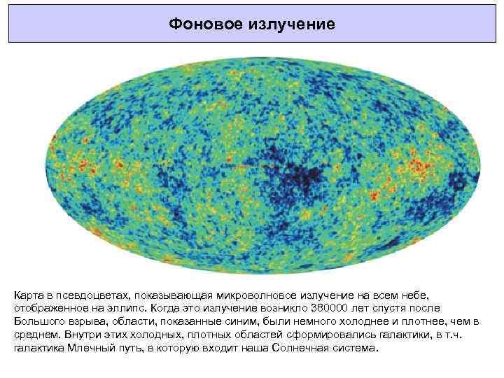 Фоновое излучение Карта в псевдоцветах, показывающая микроволновое излучение на всем небе, отображенное на эллипс.