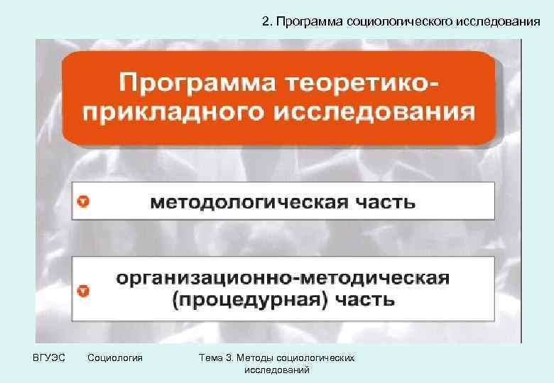 2. Программа социологического исследования ВГУЭС Социология Тема 3. Методы социологических исследований 